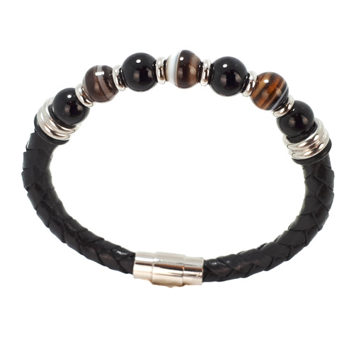 BLACK AGATE AND BROWN JASPER BEAD BRACELET ON LEATHER