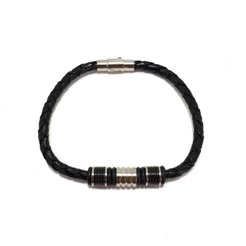 THIN BLACK LEATHER BRACELET WITH BLACK AND STAINLESS STEEL BEADS