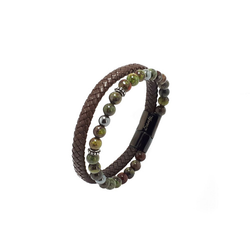 DRAGON BLOOD JASPER, HEMATITE AND BROWN LEATHER BRACELET