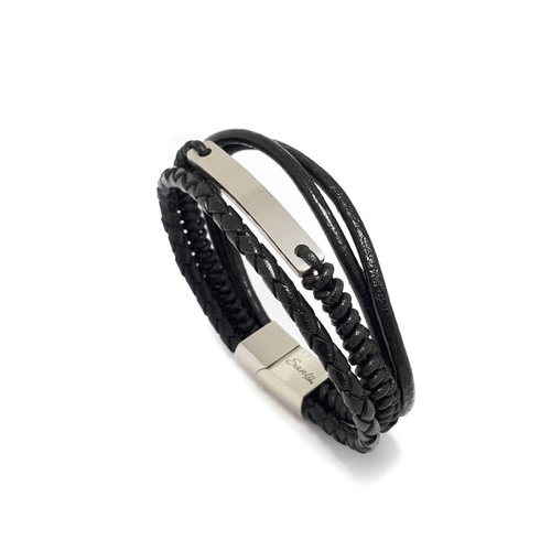 BLACK LEATHER AND STAINLESS STEEL MULTI STRAND ID BRACELET