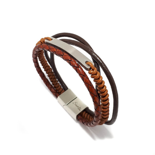 TAN LEATHER AND STAINLESS STEEL MULTI STRAND ID BRACELET