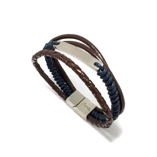 BLUE AND BROWN LEATHER MULTI STRAND ID BRACELET