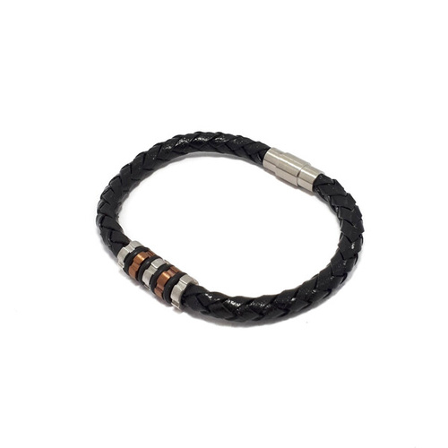 BLACK LEATHER TUBE BRACELET WITH STAINLESS STEEL BEADS
