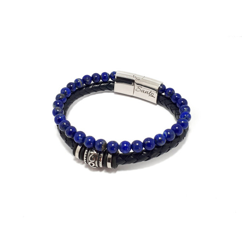 LAPIS AND BLUE LEATHER DOUBLE STRAND BRACELET WITH BEADS