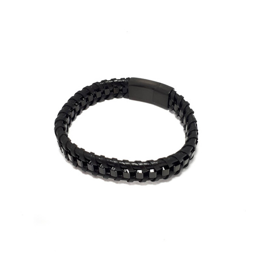 BLACK LEATHER AND BLACK STAINLESS STEEL CHAIN BRACELET