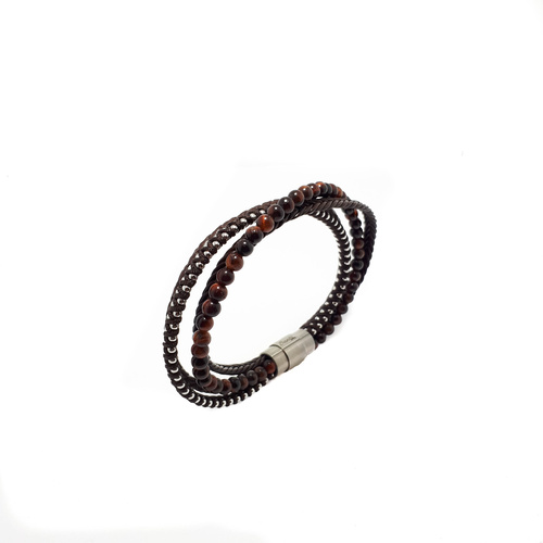 FOUR STRAND BROWN LEATHER AND RED TIGERS EYE BRACELET