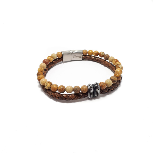 TWO STRAND TAN LEATHER AND BROWN JASPER BRACELET WITH STAINLESS STEEL DOT BEADS