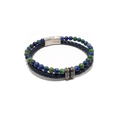 TWO STRAND BLUE LEATHER AND AZURITE MALACHITE BRACELET WITH STAINLESS STEEL DOT BEADS