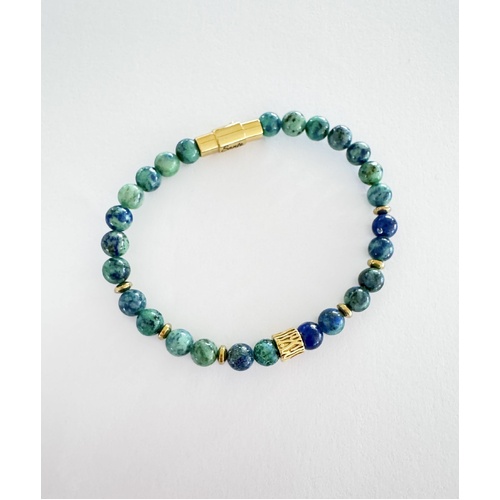 SANTO AZURITE MALACHITE BEADED BRACELET WITH YGP S/STEEL CLASP