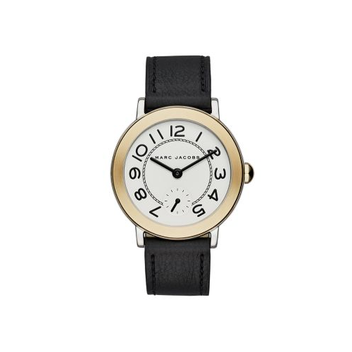 MARC JACOBS RILEY BLACK LEATHER AND YELLOW GOLD TONE WATCH