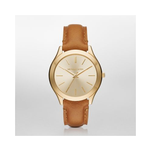 MICHAEL KORS YELLOW GOLD TONE TAN LEATHER RUNWAY WATCH
