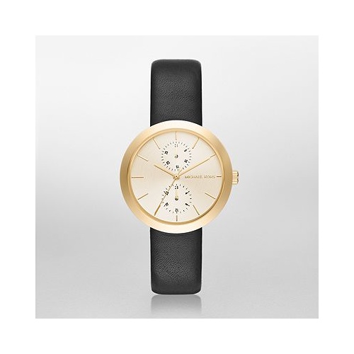 MICHAEL KORS GARNER GOLD TONE & BLACK LEATHER WATCH MK2574