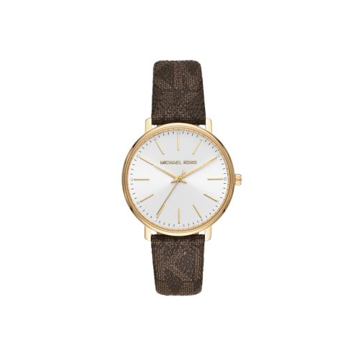 MICHAEL KORS PYPER BROWN LEATHER LOGO AND YELLOW GOLD WATCH