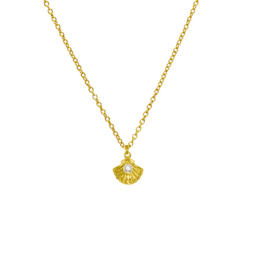 Indulge Yellow Gold Plated Sterling Silver Petite Clam Shell & Pearl Pendant Necklace