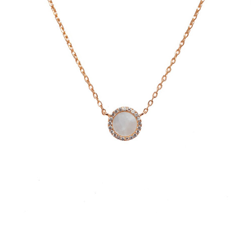 ROSE GOLD MOTHER OF PEARL DISC NECKLACE WITH CUBIC ZIRCONIAS