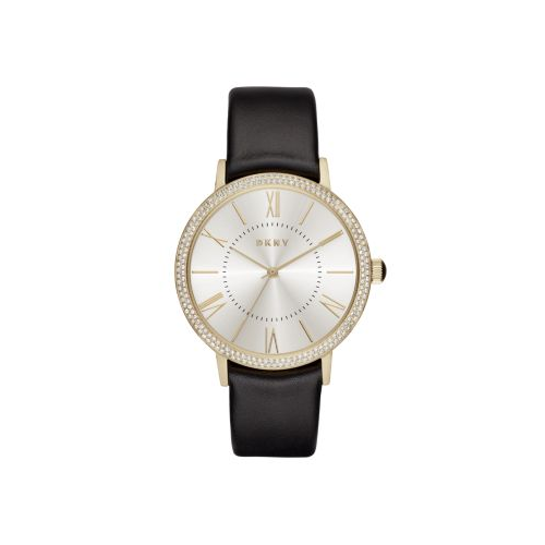 DKNY WILLOUGHBY BLACK LEATHER AND YELLOW GOLD TONE WATCH