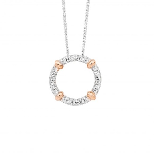 Ellani Sterling silver circle pendant with cubic zirconias and rose gold plating