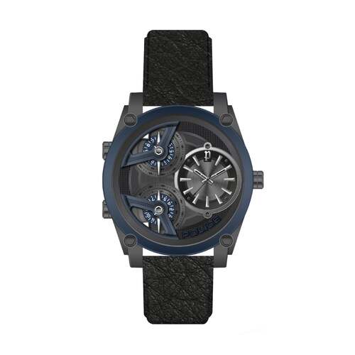POLICE WING BLACK LEATHER BLUE IP WATCH
