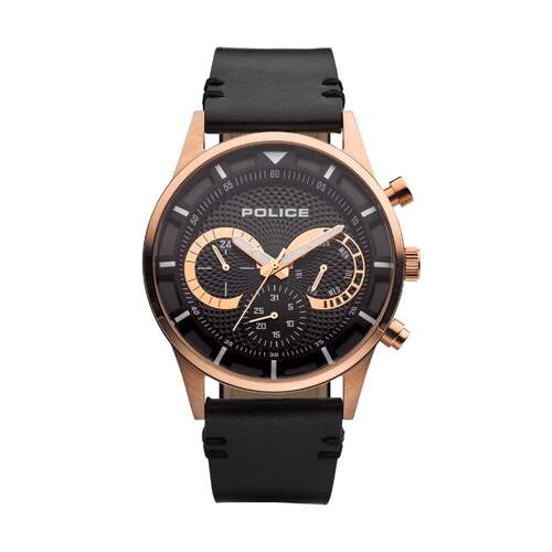 POLICE DRIVER BLACK LEATHER ROSE GOLD IP WATCH
