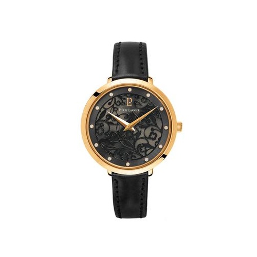 PIERRE LANNIER EOLIA YELLOW GOLD AND BLACK LEATHER WATCH
