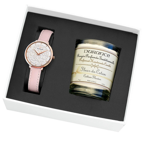 PIERRE LANNIER EOLIA PINK LEATHER AND ROSE GOLD WATCH AND CANDLE GIFT SET