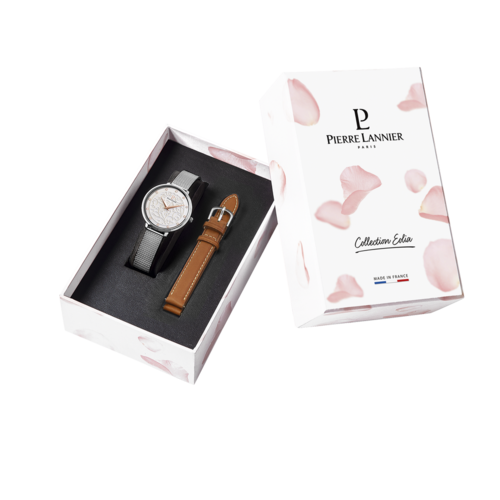 PIERRE LANNIER EOLIA SILVER AND TAN LEATHER WATCH GIFT SET