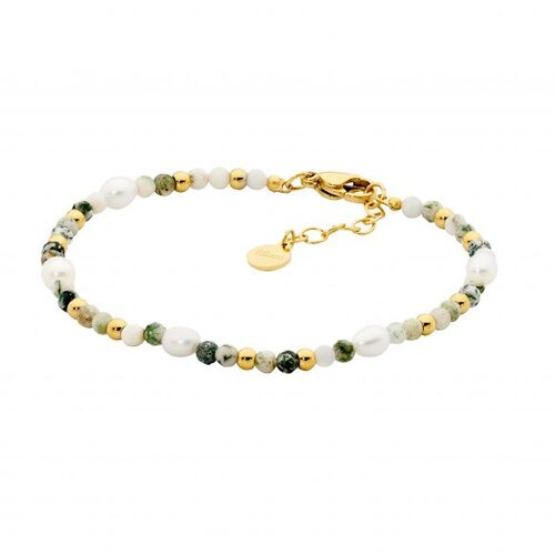 Ellani Stainless Steel Tree Agate & Freshwater Pearl Bracelet YG