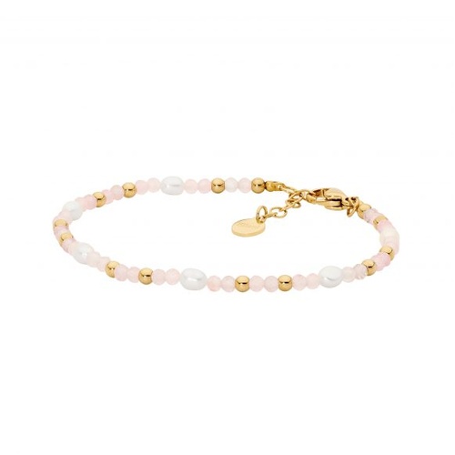 Ellani Rose quartz beads with freshwater pearls, gold IP plated stainless steel bracelet