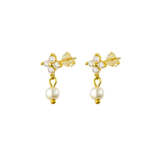 Indulge Yellow Gold Plated Sterling silver flower CZ stud earrings with drop pearl