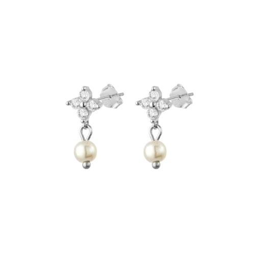 Sterling silver flower CZ stud earrings with drop pearl
