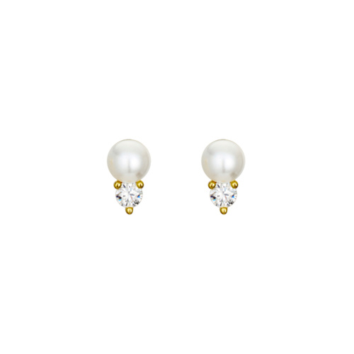 Indulge Yellow Gold Plated Sterling Silver Pearl and CZ fixed Stud Earrings