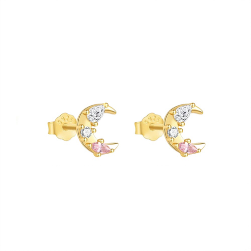 Indulge Sterling Silver Gold Plated CZ crescent moon stud earrings