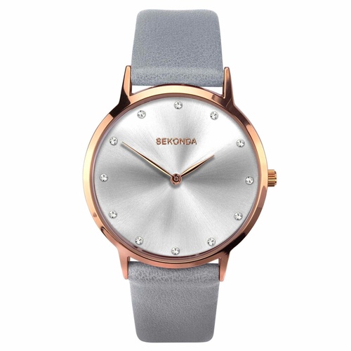 SEKONDA ROSE GOLD CASE, SILVER DIAL AND GREY LEATHER WATCH