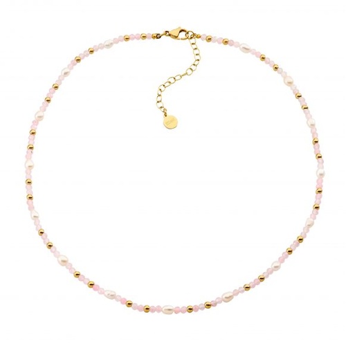 Ellani Rose quartz beads with freshwater pearls, gold IP plated stainless steel necklace.