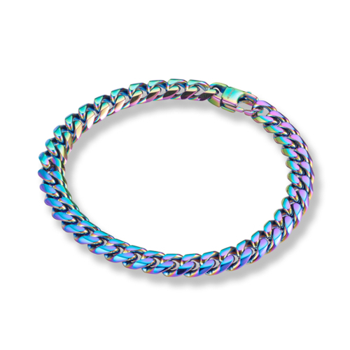 Indulge Stainless Steel men’s shiny rainbow finish cuban link bracelet