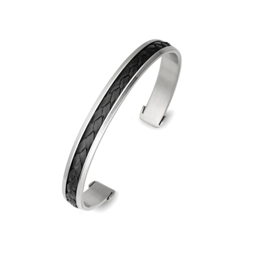 Indulge Stainless Steel Men’s Cuff with Black Leather detail