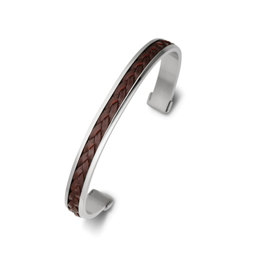 Indulge Stainless Steel Men’s Cuff with Brown Leather detail