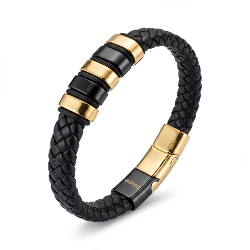 Indulge Wide Black Leather Bangle with Two-Tone Stainless Steel Clasp
