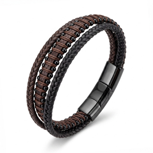 Indulge Black & Brown Leather Multi-Strand Bangle with Shiny Black Clasp