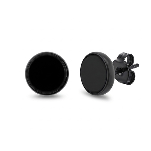 Indulge Stainless Steel Black PVD Plating 8MM Round Black Agate Stud Earring