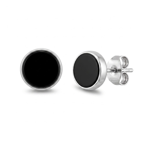 Indulge Stainless Steel 8MM Round Black Agate Stud Earring