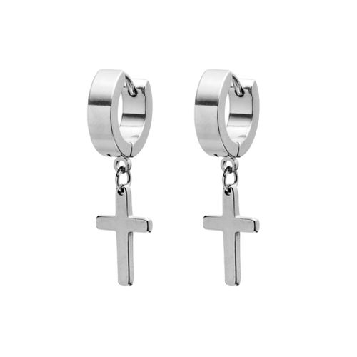 Indulge Stainless steel men’s Single huggie with square drop cross