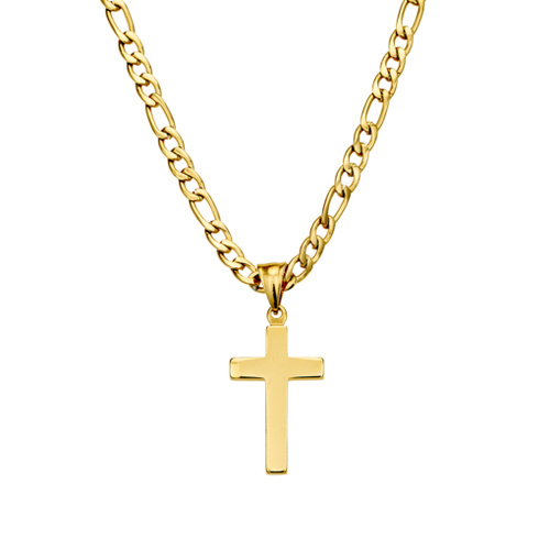 Indulge Stainless Steel Gold Plated 5MM Figaro link Necklace with Cross Pendant