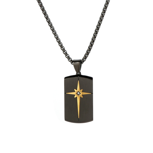 Indulge Black and Yellow Gold IP Plated Stainless Steel Chain with Brushed Northern Star & Zircon Tag Necklace