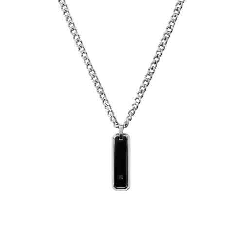 Indulge Stainless Steel Curb Chain Necklace and Tag Pendant with Black Cubic Zirconia