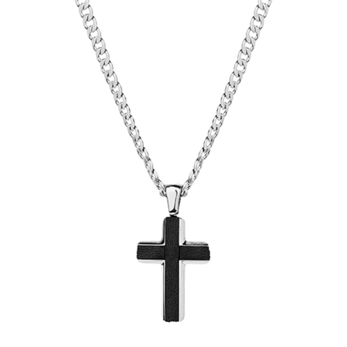 Stainless steel men’s black cross pendant with curb chain
