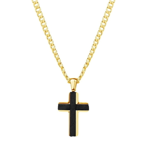 Indulge Yellow Gold IP Plated Stainless steel Men’s black cross pendant with curb chain