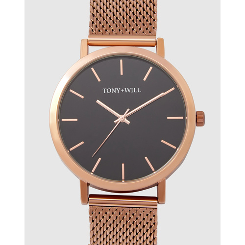 TONY AND WILL CLASSIC ROSE GOLD MESH AND BLACK DIAL WATCH