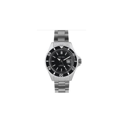 TONY & WILL DIVER BLACK FACE S/STEEL BRACELET WATCH