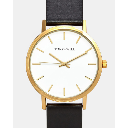 TONY & WILL CLASSIC YELLOW GOLD CASE, WHITE DIAL BLACK LEATHER BAND WATCH